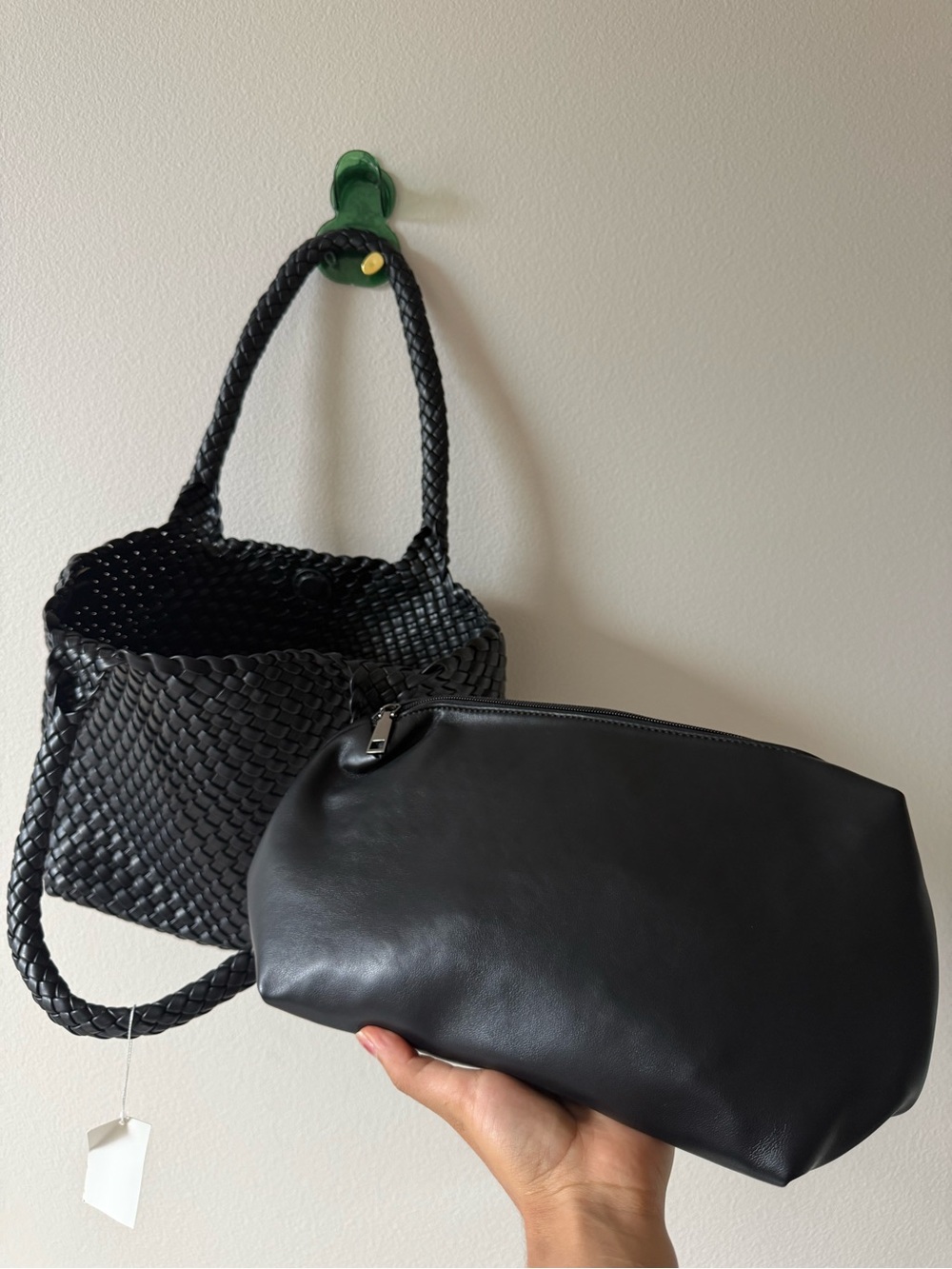 Black Woven Tote with Black Zip Pouch - Women Bags